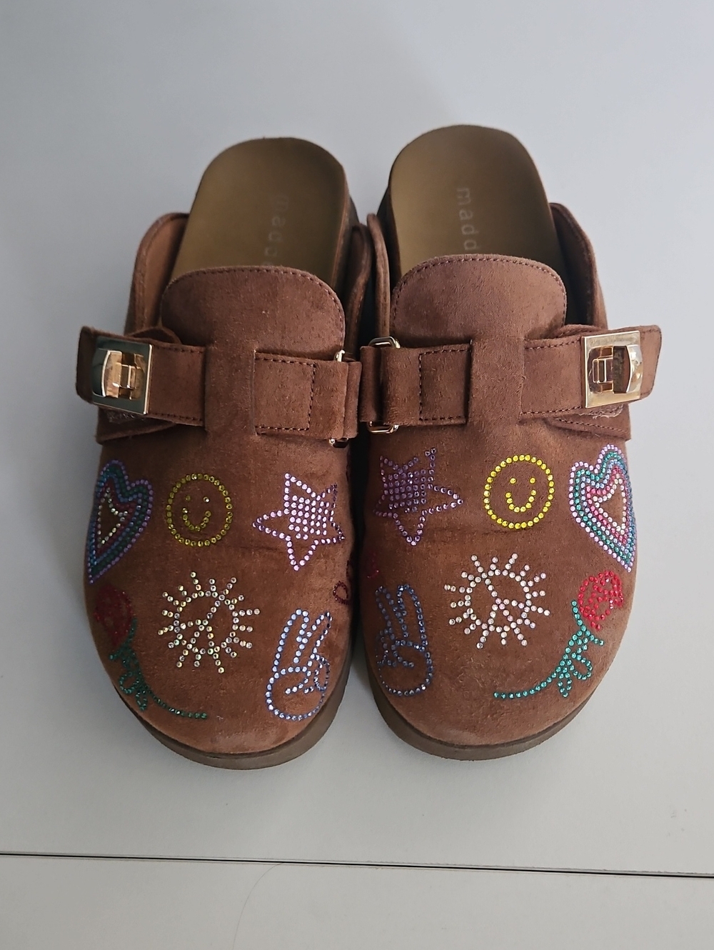 Madden Girl Embellished Brown Suede Slip-On Clogs with Colorful Stud Designs